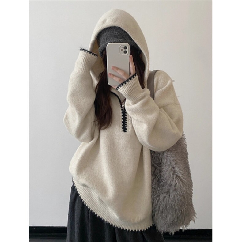 半拉链连帽套头针织衫男女同款秋冬外穿慵懒风宽松帽衫毛衣，男装针织衫/毛衣，星座1116A（原606A-3）