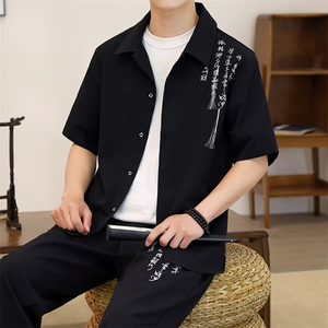 TZ07-P65 新中式风夏季男士新款短袖套装潮衬衫长裤两件套图片