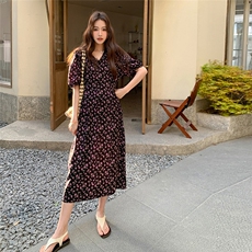 法式黑色碎花连衣裙茶歇女夏季2025新款收腰显瘦气质长裙，女装连衣裙，2C229