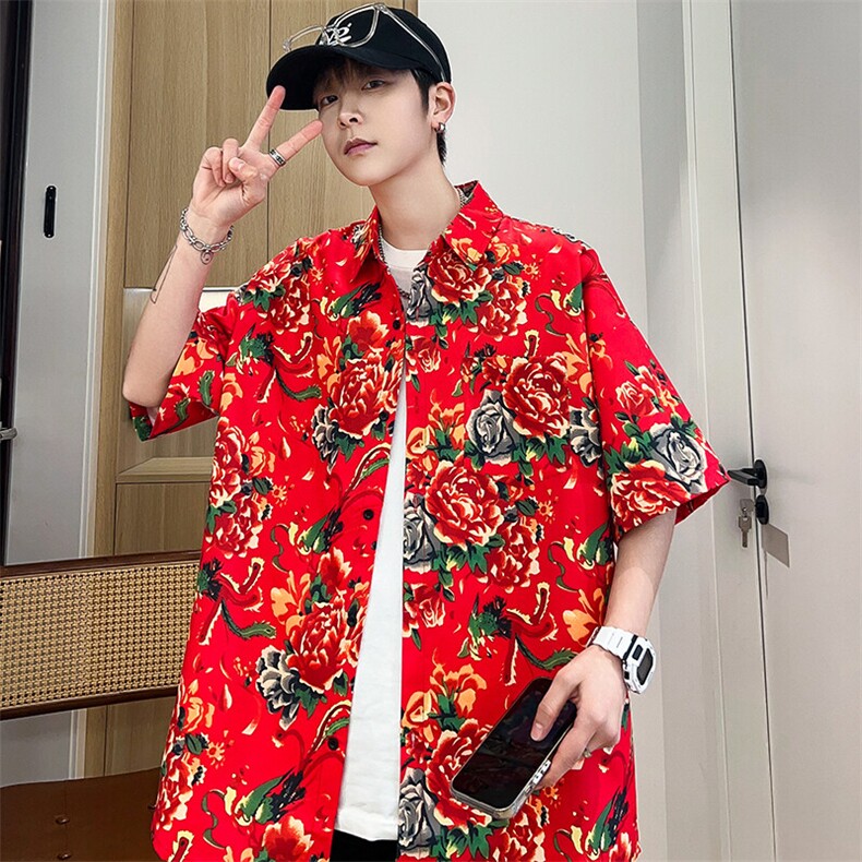 D1男女冰丝感风东北大花短袖衬衫衬衣外套民族风汉服团队服，男装T恤，星座115A(原星座507）