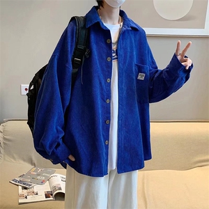 克莱因蓝外套男生复古宽松港风日系灯芯绒衬衫C15P36图片