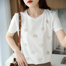 24夏季新款丝光棉t恤女圆领白色纯棉短袖上衣宽松印花黑色体恤衫，女装T恤，元素羊绒