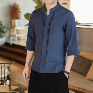 风 纯色休闲七分袖衬衫男 修身立领衬衣男大码开衫 CS509-P45图片