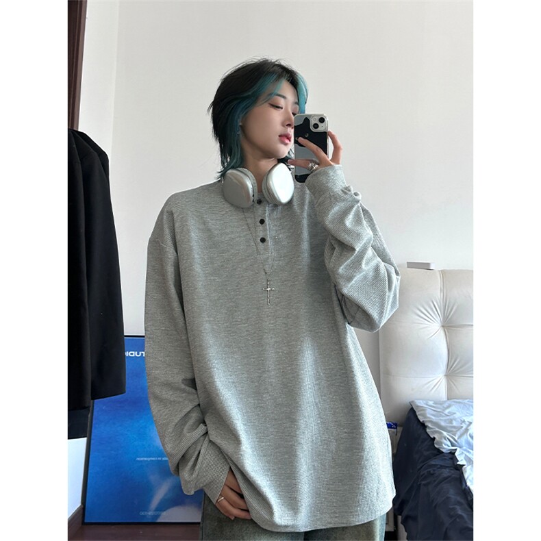 港风日系复古早秋男女套头V领长袖T恤设计感 XZ213-V005-P35控48图片