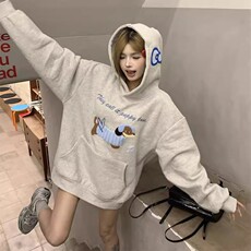 加绒韩系腊肠狗连帽卫衣女冬季灰色刺绣宽松设计感上衣ZV8100P51，男装卫衣，星座1112-1