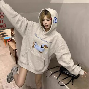 加绒韩系腊肠狗连帽卫衣女冬季灰色刺绣宽松设计感上衣ZV8100 P51图片