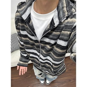 美式复古毛呢条纹开衫连帽卫衣外套男女慵懒风情侣休闲帽衫LMY38图片