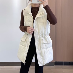 日系无品牌简约文艺拉链中长款立领收腰棉服马甲女装流行潮流新款图片