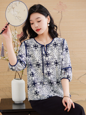 夏季时尚优雅别致设计感新中式清新百搭衬衣2025小衫上衣，女装蕾丝衫/雪纺衫，媚琳依坊