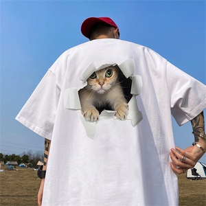 猫咪印花t恤男潮牌夏季300g重磅纯棉衣服男款短袖美式情侣装半袖图片