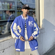 克莱因蓝棒球服男拼接pu皮夹克外套潮流上衣JK0311-P70，男装夹克，星座308B-1