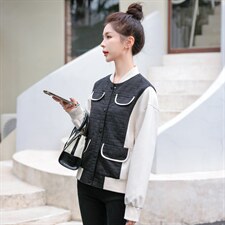 PU皮拼接假两件菱格棒球服女2022秋季新款时尚百搭纯色立领短外套，女装短外套，辉之琳