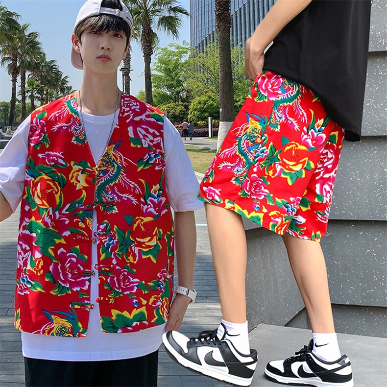 TZ02东北大花民族风风马甲短裤套装大码抖音网红同款汉服男女，男装休闲套装，星座115A(原星座507）