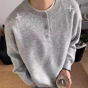 灰色美式亨利领毛衣男秋冬季高级感懒惰风打底针织衫内搭MY298图片