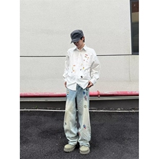 日系慵懒时尚文艺潮流流行ins简约气质卡通印花条纹衬衫长袖新款，男装衬衫，星座506A
