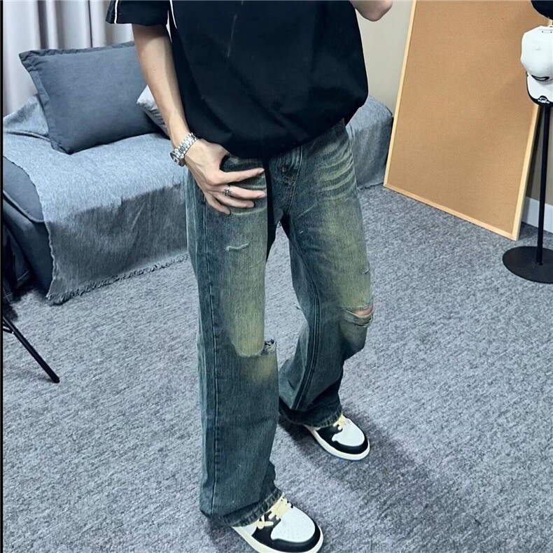 DA190-P48破洞牛仔裤男潮宽松直筒割破乞丐水洗做旧微喇叭裤子,男装牛仔裤,星座603-2