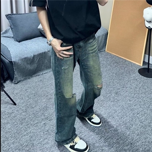 DA190-P48破洞牛仔裤男潮宽松直筒割破乞丐水洗做旧微喇叭裤子图片