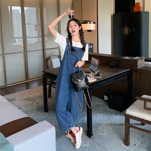 设计感松紧肩牛仔背带裤洋气百搭休闲减龄宽松显瘦阔腿裤连体裤女图片
