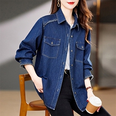 翻领单排扣牛仔衬衫外套女宽松2025中年妈妈百搭叠穿小个子衬衣潮，女装衬衫，浙宝2-166