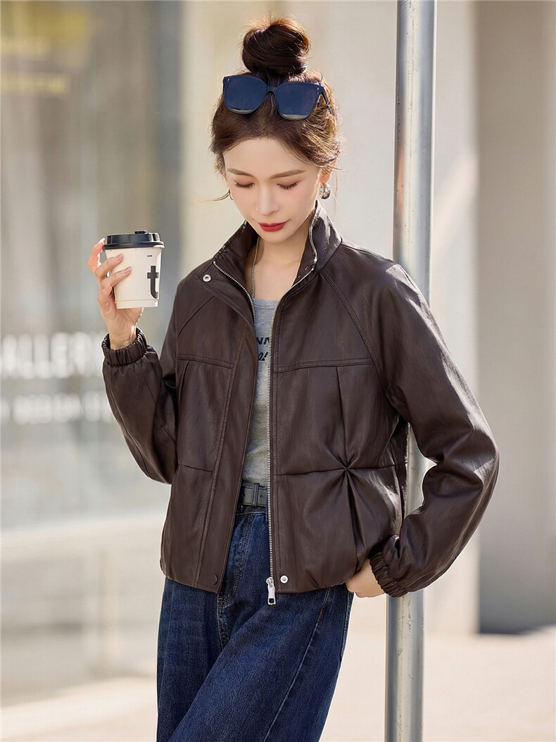【春季女装新款】2026时尚洋气百搭大量现货立领短款皮衣外套,女装皮衣,缘衣格