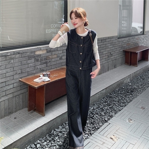 秋季牛仔阔腿裤马甲时尚两件套女图片