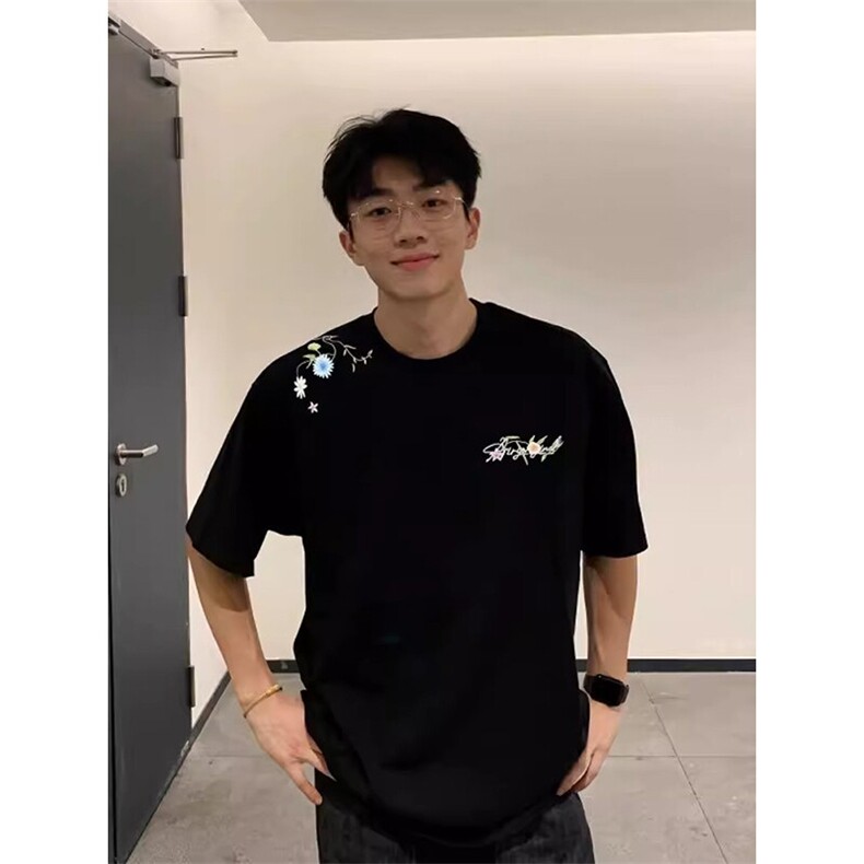 万针全刺绣工艺抖音得物高品质260克重磅纯棉双纱美式高街短袖T恤,男装T恤,电商A486