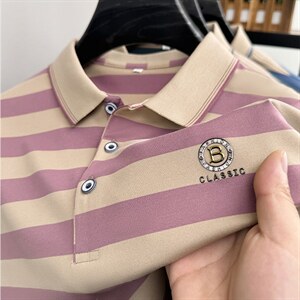 高端男士夏季新款短袖T恤时尚翻领条纹宽松休闲中青年体恤Polo衫图片