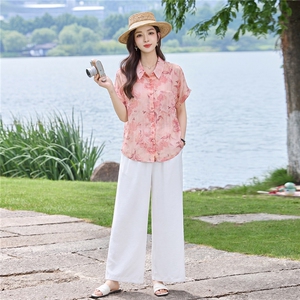 现货！2026年夏季时尚简约大方气质优雅宽松休闲两件套裤套装女图片