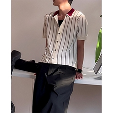 夏季商务老钱风杏色针织POLO衫男士休闲条纹冰丝短袖T恤T3673，男装T恤，星座1116A-2（原606A-1）