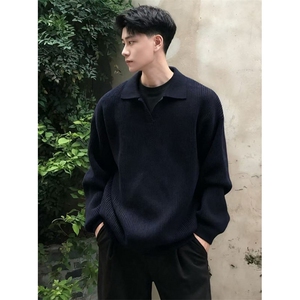 黑色polo领毛衣男秋冬美式复古套头针织衫慵懒高级感外套 M5015图片