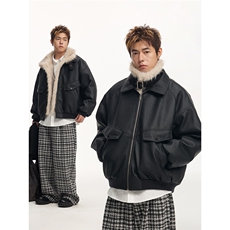 AP美式复古座山雕毛领皮面棉服加厚保暖短款皮毛一体外套男，男装棉衣，星座715-4