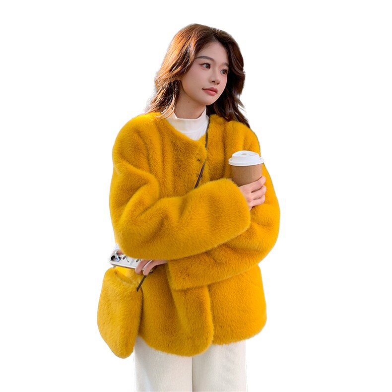 多巴胺亮黄色水貂绒仿皮草外套女冬皮毛一体2C353/8661/P160/K238,女装短外套,2C353