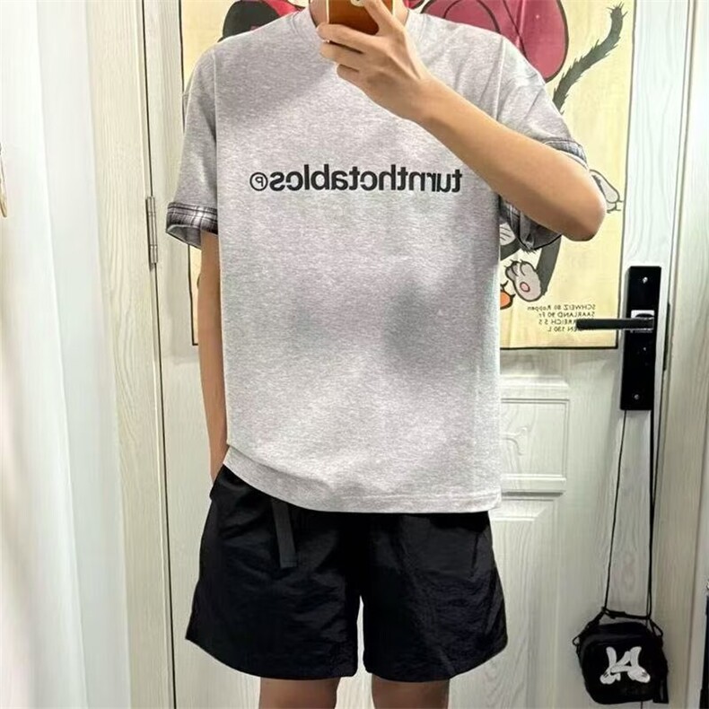 美式复古潮牌t恤女夏季格纹拼接灰色圆领短袖宽松情侣休闲上衣潮，男装T恤，星座506A