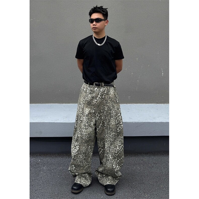 高街vibe豹纹弯刀牛仔裤男vintage宽松阔腿休闲长裤KN1504,男装牛仔裤,星座1116A（原606A-3）