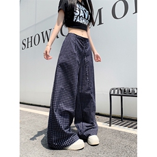 蓝色韩版木耳边格子休闲裤男女2026夏季新款直筒显瘦宽松阔腿裤，男装休闲裤，星座410-6（原星座1304-1）