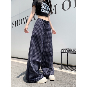 蓝色韩版木耳边格子休闲裤男女2026夏季新款直筒显瘦宽松阔腿裤图片
