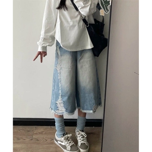 2025破洞潮牌美式设计水洗毛边牛仔宽松短裤男女夏季七分裤AK635图片