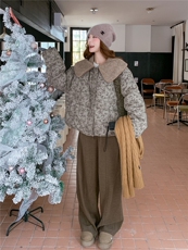 撞色碎花羊羔毛娃娃领短款羽绒服外套女冬2025新款小众设计白鸭绒，女装羽绒服，艾米莉亚