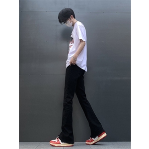 春夏主推 大码黑色毛边破洞微喇黄泥牛仔裤直筒裤 K10-P50图片