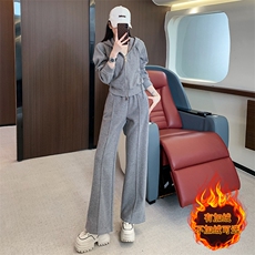 女秋冬季连帽开衫卫衣阔腿长裤两件套加绒加厚，女装套装/套裙，江南