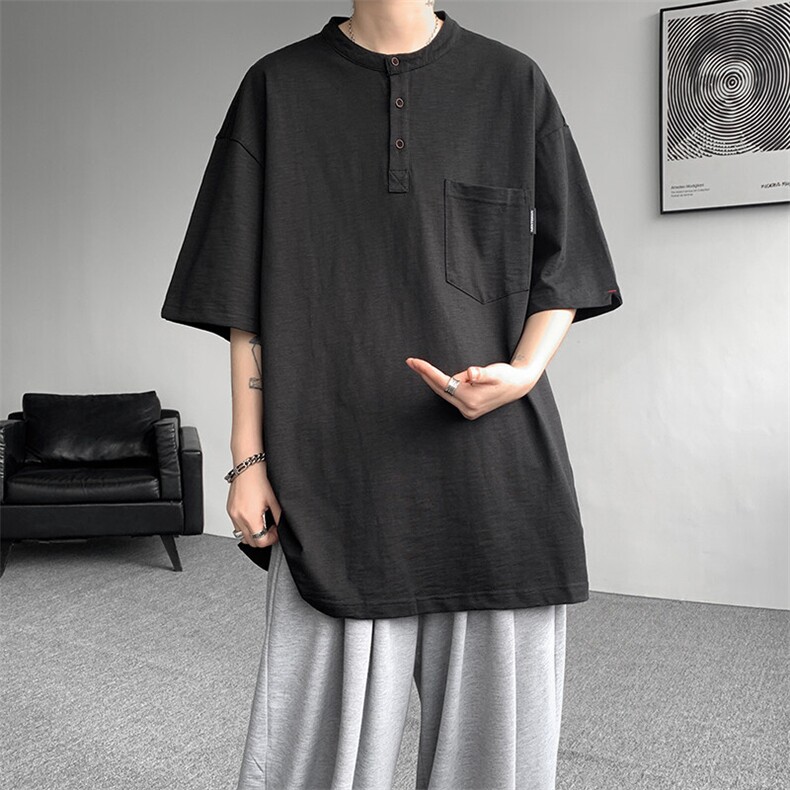 8XL-M亨利领亚麻短袖t恤男弹力大码宽松半袖开衩设计体恤DT002P45,男装T恤,电商B312