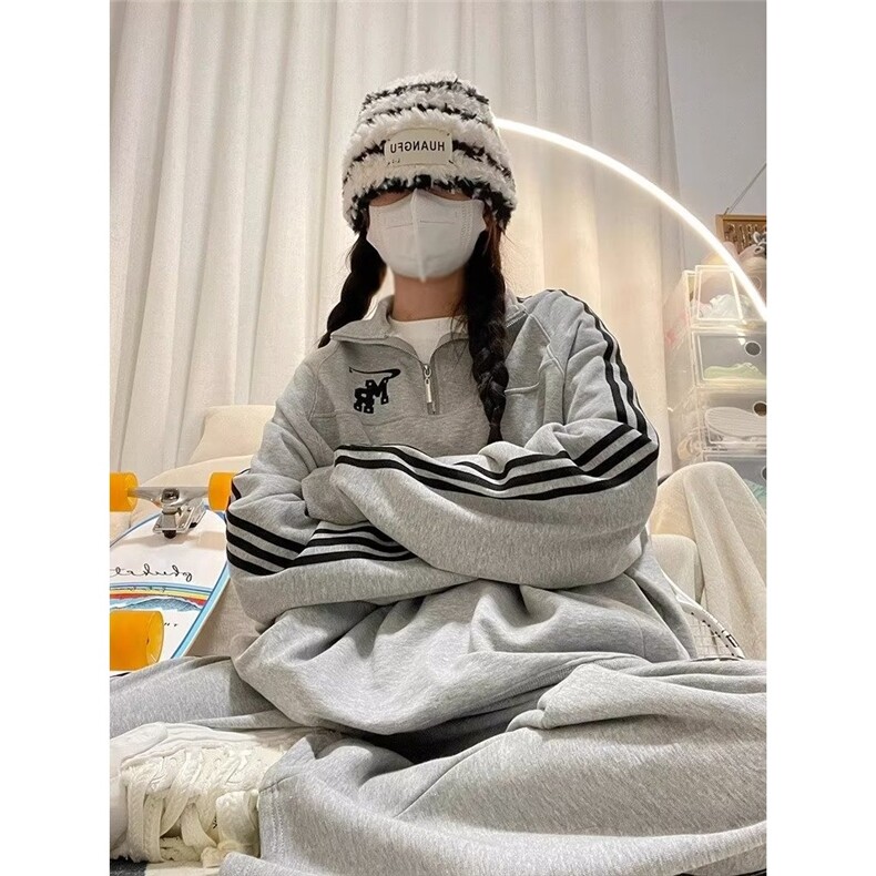 美式炸街休闲运动服套装上衣女学生春秋宽松立领半拉链卫衣,男装休闲套装,星座1210-1