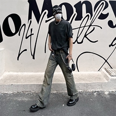 美式复古cleanfit水洗牛仔裤男夏季提档高腰裤子加长高个子微喇裤，男装牛仔裤，星座506A