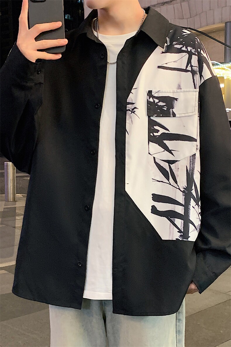 特批P28无差价秋季新中式水墨画拼接风设计感衬衫外套男士C2522,男装衬衫,电商A001-1