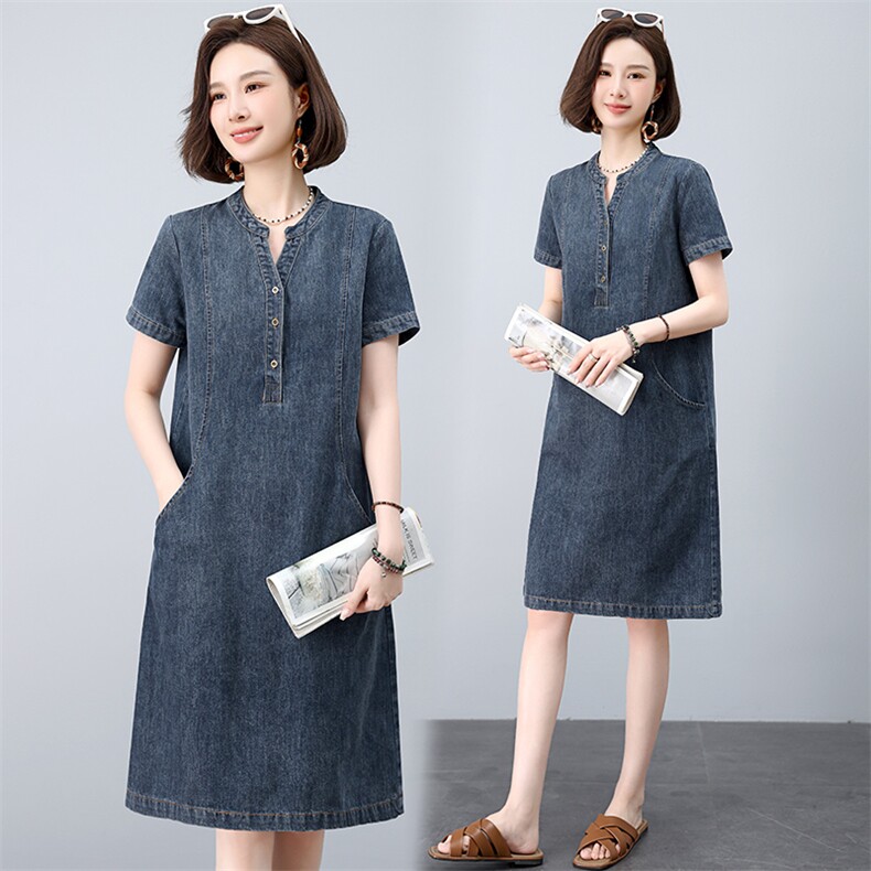 2025夏装新款简约时尚中长款牛仔连衣裙，女装连衣裙，阿丹