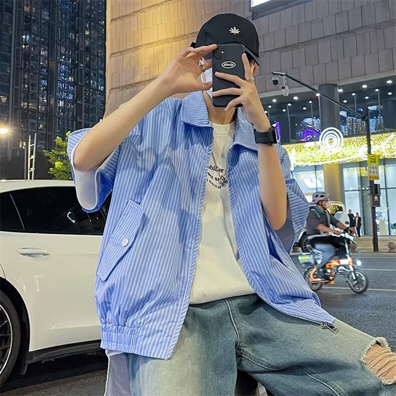 条纹短袖衬衫男夏季小众设计感复古港风外套P50,男装夹克,星座1116-2