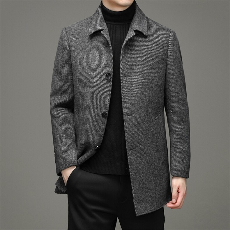 冬季新款羽绒内胆纯色羊毛风衣翻领休闲中年外套男HM22007-P360,男装毛呢大衣,电商B212（原钱塘6029）
