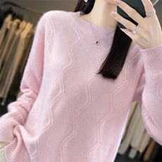 时尚百搭七针加厚圆领波浪花纹女羊毛衫显瘦保暖冬季必备，女装羊毛衫，九嘉羊绒
