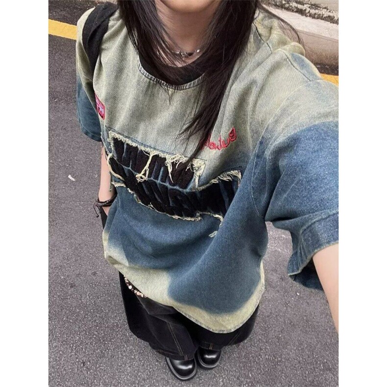 美式复古刺绣贴布撞色设计感短袖T袖男女潮上衣TX5006,男装T恤,星座208-5