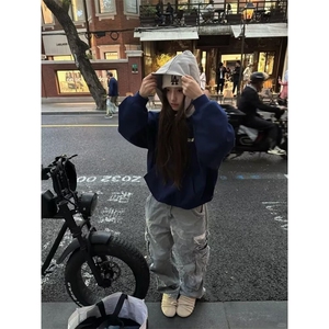 藏青色重磅连帽卫衣男春季高级感美式cleanfit硬挺短款情侣装外套图片